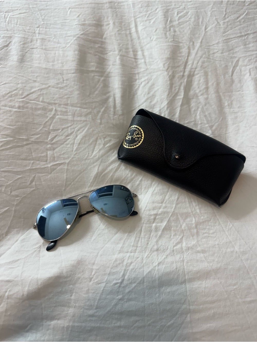 Ray-Ban Silver Frame Sunglasses with Blue Lenses and case
